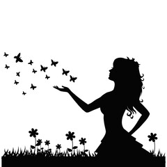 Silhouette of Woman in Grass with Butterflies and Flowers. Peaceful Nature Illustration
