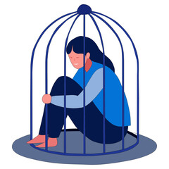 Sad Woman Sitting in Cage. Concept of Depression and Loneliness