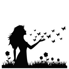 Silhouette of Woman with Butterflies and Flowers in Garden. Freedom and Beauty Concept Illustration