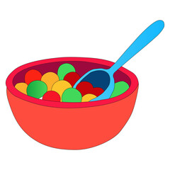 Colourful Cereal Bowl with Spoon. Cartoon Breakfast Illustration. Healthy Food Concept