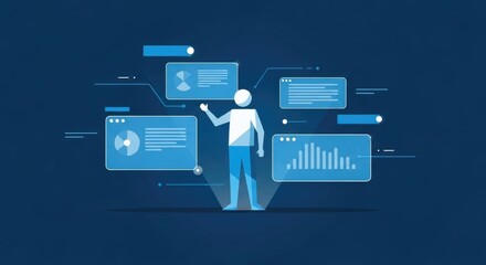 Illustration of a person interacting with multiple digital interfaces, showcasing data and information.