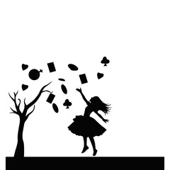 Silhouette of Girl Jumping with Playing Cards. Magical Dream Scene Design