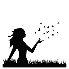 Silhouette of Woman with Butterflies in Nature. Freedom and Beauty Concept Illustration