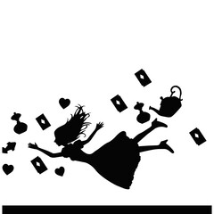 Silhouette of Girl Falling with Cards and Teapot. Fantasy Wonderland Concept