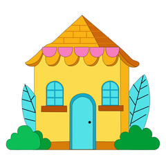 Colourful Cartoon House with Door and Windows. Cottage with Bushes and Leaves
