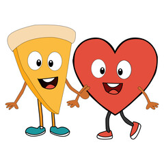 Cute Cartoon Pizza Slice and Heart Character Holding Hands. Happy Food Love Concept