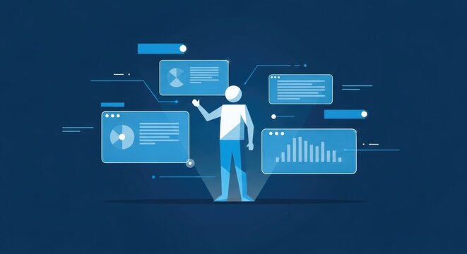 Illustration of a person interacting with multiple digital interfaces, showcasing data and information.
