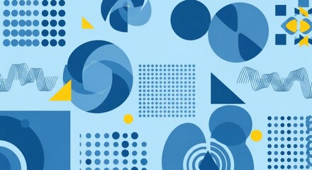 Abstract geometric pattern with various blue shapes and yellow accents on a light blue background, featuring circles, squares, triangles, dots, and wavy lines.