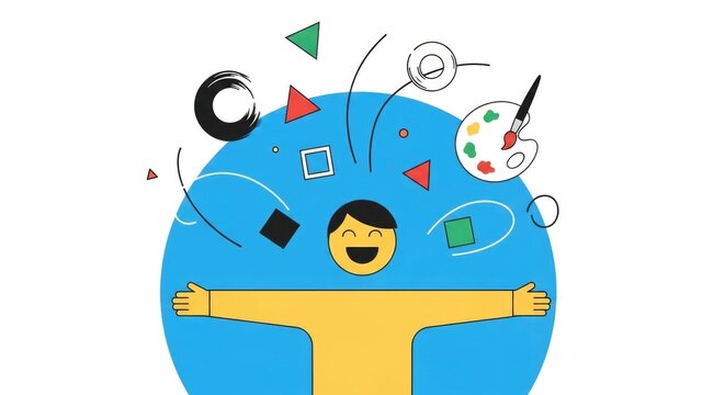 A cheerful person with arms outstretched, surrounded by various abstract shapes and artistic elements, symbolizing creativity and imagination.