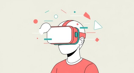 Illustration of a person wearing a virtual reality headset, surrounded by abstract geometric shapes.