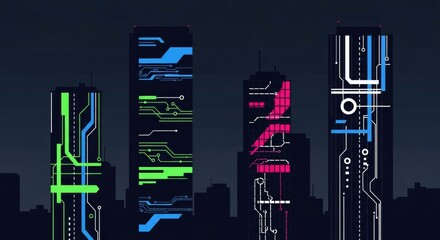 Illustration of futuristic skyscrapers with circuit board designs, illuminated at night.