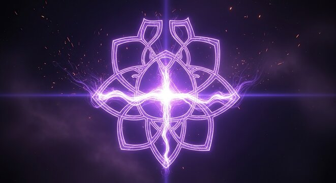 Glowing Geometric Mandala with Electric Energy and Sparks on Dark Background