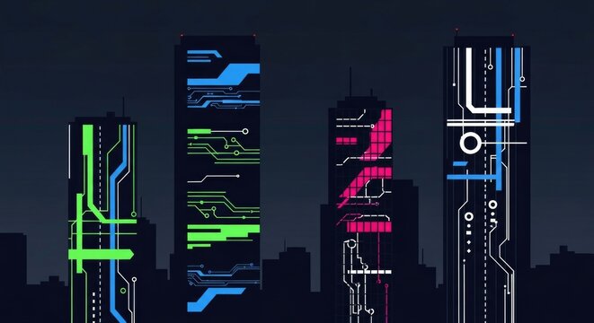 Illustration of futuristic skyscrapers with circuit board designs, illuminated at night.