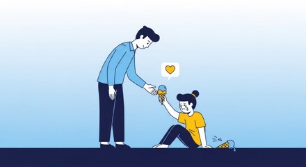 A kind person offers an ice cream cone to a person who is sitting on the ground.