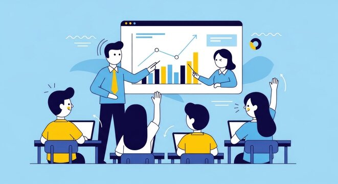 Illustration of a teacher presenting data charts and graphs to engaged students in a classroom or business training session.