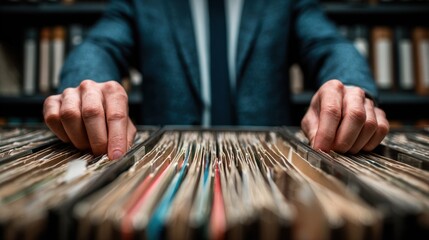Person searching through files in archive library with organized records