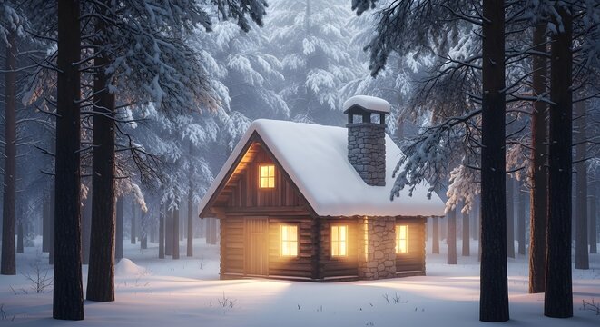 Small wooden cabin in winter snowy forest scene