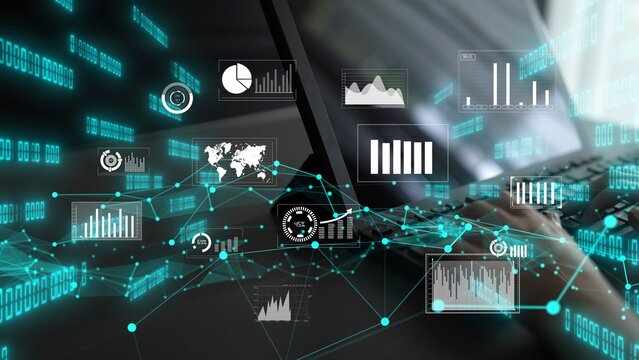 High-tech image displaying a laptop screen filled with various digital graphs and data animations, illustrating modern analysis and technology in business. Xenic - Powered by Adobe