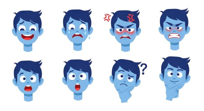 A collection of eight blue cartoon faces expressing various human emotions and feelings on a white background.