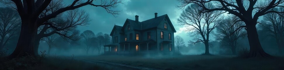 A dimly lit, abandoned mansion shrouded in mist, with gnarled trees silhouetted against a stormy sky; perfect for horror, mystery, or suspense projects ,  abandoned,  mysterious background,  trees