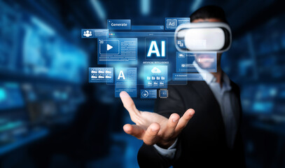 This image showcases a professional leveraging virtual reality to explore generative AI for content...