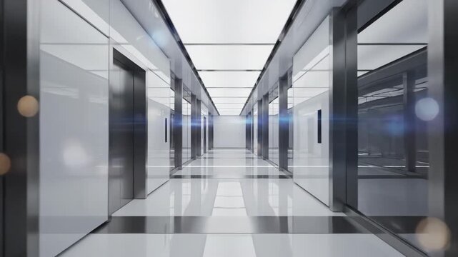 A pristine hallway with repeating elevators symmetrical lighting and a glossy floor creating reflective patterns