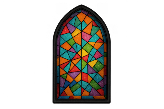 Stained glass window featuring vibrant colors, a mosaic pattern, and a gothic arch frame, transparent background