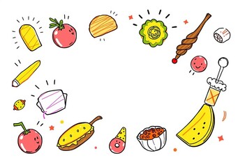 Energetic, scribbled drawings of food items, conveying a sense of excitement and spontaneous creativity,  vector,  menu