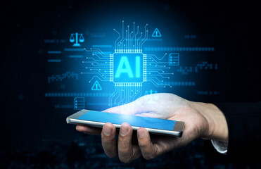AI circuit microchip with glowing blue lines, surrounded by legal scales, warning symbols, data sheets, and binary codes, representing ethical AI, AI governance, and data integrity Vouch