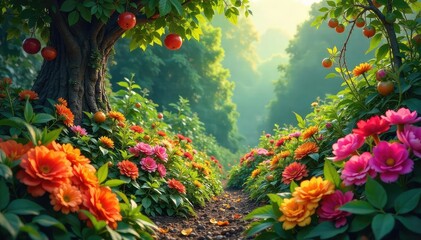 A lush, vibrant garden overflowing with blooming flowers and ripening fruits, representing abundance and growth; a visual metaphor for a thriving, expanding treasure , flowers, garden