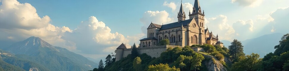 Obraz premium A majestic church stands tall, resembling a formidable citadel, its stone walls and towers reaching towards the heavens The image evokes strength, history, and spiritual refuge , religious, steeple