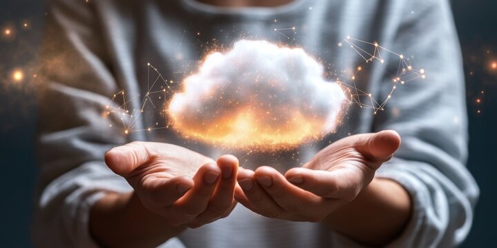 Businessman holding glowing cloud computing symbol in his hands