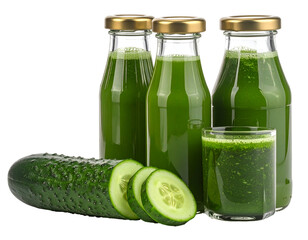 Three glass bottles and a glass filled with fresh green cucumber juice with a sliced cucumber in front