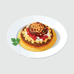 Delicious Chili Burger with Toppings on a White Plate.