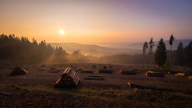 Sunrise illuminates deforestation site with felled trees and misty landscape views