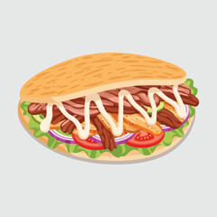 Delicious Doner Kebab Illustration with Meat Vegetables and Creamy Sauce.