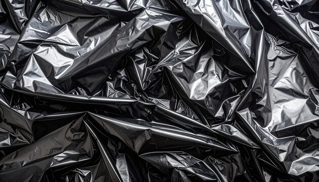 Wrinkled Black Plastic Bag Texture Background - Abstract Shiny Crumpled Surface - Powered by Adobe