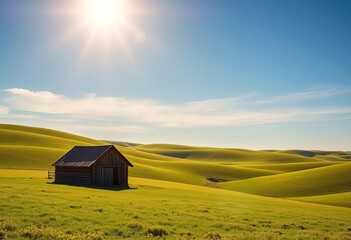 Sun-drenched rolling green hills stretch endlessly, dotted with an weathered wooden barn under a vast cerulean sky, barn, meadow