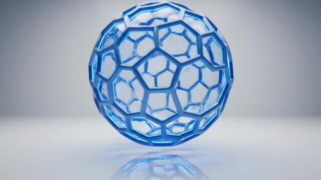 A sphere with a blue weblike frame filled with semitransparent irregular polygons against a soft lightgray backdrop