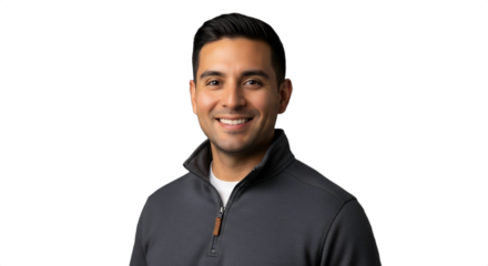 Smiling Hispanic curling instructor, 30s, headshot in warm quarter-zip pullover. Ideal for career profiles, diversity campaigns, sports promotion, or team branding.