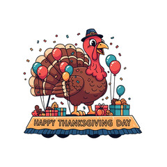 Festive Thanksgiving Day parade turkey float, a cheerful vector illustration with bold colors, balloons, and confetti. Perfect for holiday marketing, invitations, social media,
