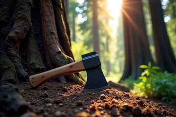 Lumberjacks Axe Leaning Against Redwood, Sunlight Dappling Through Forest Canopy - Strength, Skill, and the Rustic Beauty of the Forestry Industry