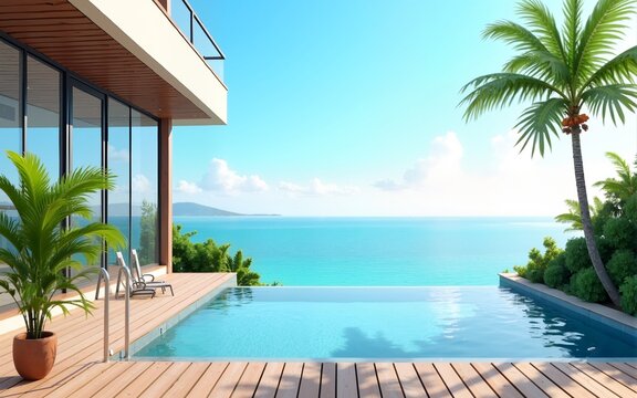 Sea view swimming pool of luxury beach house in travel and relaxation concept, Location pin icon near plant on wooden floor terrace at vacation home or hotel, Tourist resort 3d illustration