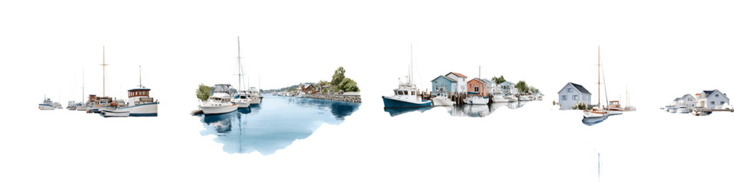 Watercolor Fishing Village and Sailboats Collection on White