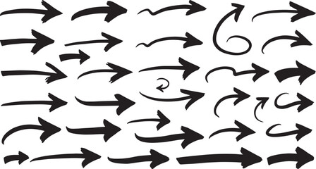 Set of hand drawn brush arrows pointing in various directions with thick and curved ink strokes, isolated on white background, dynamic artistic vector illustration. 
