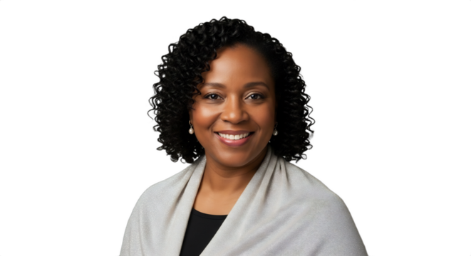 Smiling 44-49-year-old Black woman, a gospel choir director for holiday concerts, elegantly wearing a shimmering shawl. Ideal for seasonal promotions, church media, or professional profiles.