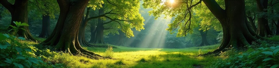 A serene, sun-dappled clearing in a lush forest, encircled by ancient trees forming a natural, protective ring  Perfect for concepts of peace, community, and sacred space ,  cycle,  magical,  earth