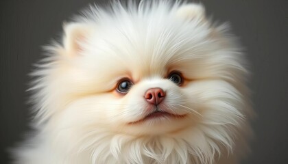 Obraz premium Adorable fluffy white Pomeranian dog portrait with a charming expression, highlighting its luxurious thick double coat and small, cute size, domestic animal, small