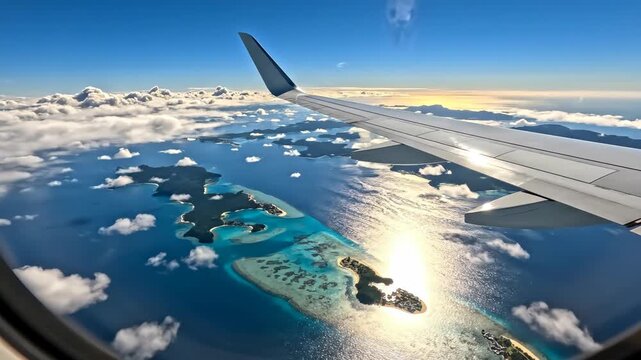 Aerial view from an airplane window showing islands clouds and the wing of the plane reflecting sunlight over the ocean