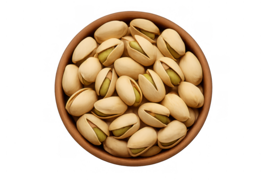 Pistachio nuts in shell filling earthy bowl, healthy snack, top view on transparent background - Powered by Adobe